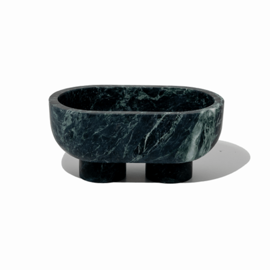 CoTheory Marble Footed Oval Tray in Verdi Alpi green marble with sculptural design and pedestal feet