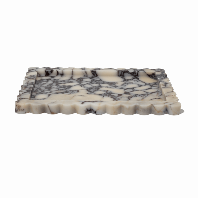 Large scalloped Palazzo marble bar tray in viola marble with intricate veining and narrow profile for elegant home decor