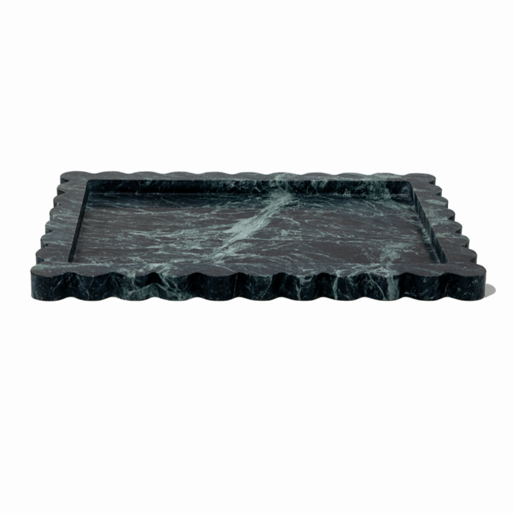 CoTheory large scalloped Verdi Alpi marble tray with narrow profile and elegant design