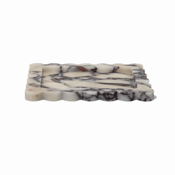 Medium scalloped Palazzo marble tray in Viola marble with elegant narrow profile and felt pads