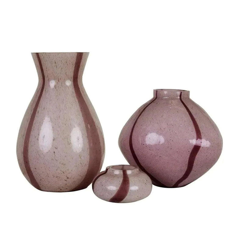 Set of three GlobeWest Boden Stripe lilac glass bud vases with delicate handblown stripe patterns