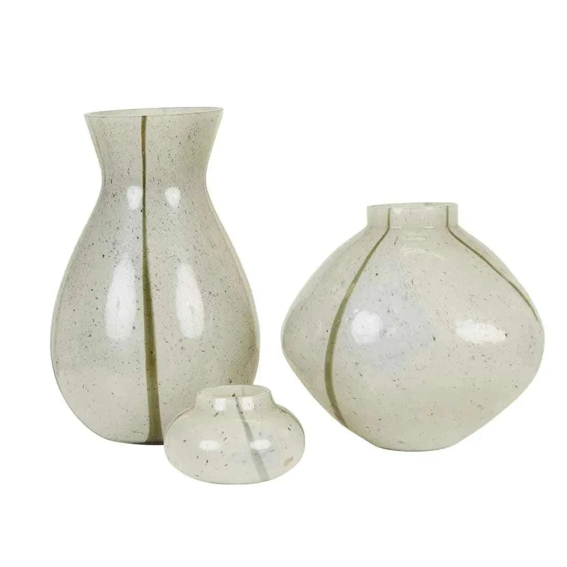 Set of three GlobeWest Boden Stripe Bud Vases in sage handblown glass with delicate stripe pattern and modern shapes