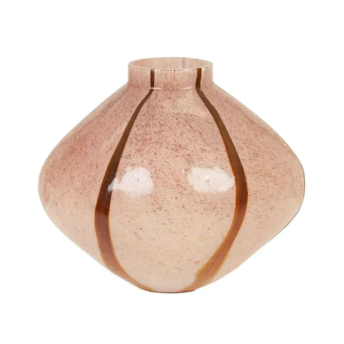 GlobeWest Boden Stripe Wide Vase in blush handblown glass with delicate stripe pattern and classic wide silhouette.