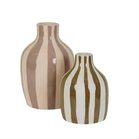 Two handcrafted Hanson Hako Vases in sepia stripe earthenware ceramic with glazed finish