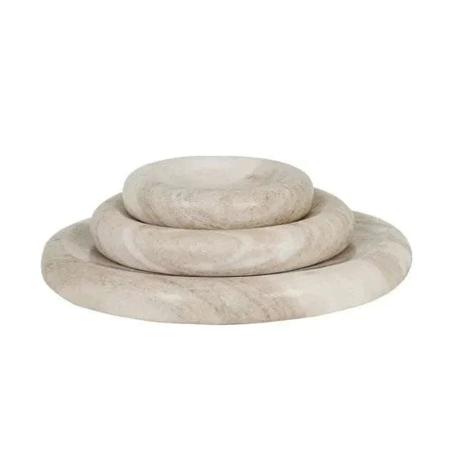 GlobeWest Rufus Indra Bowl set in polished oat marble, handcrafted with a rounded modern design, available in three sizes.
