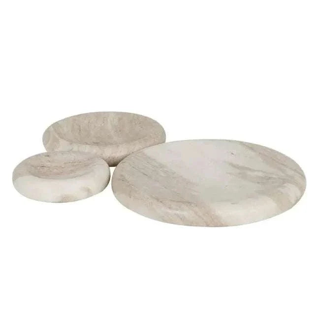 Set of three GlobeWest Rufus Indra Bowls in polished oat marble with rounded elevated shapes
