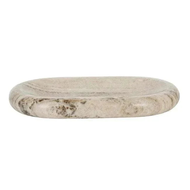 GlobeWest Rufus Indra polished oat marble pill-shaped shallow bowl with natural veining