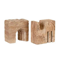 Set of 2 Rufus Rovine Bookends made of polished natural travertine marble with a modern sculptural design.