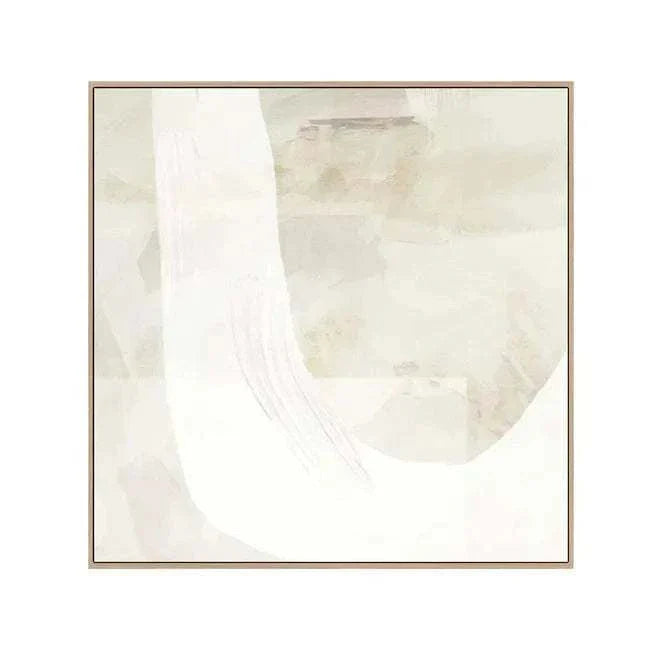Hand-painted wall art on Indian cotton canvas with neutral beige and white abstract brush strokes, framed in natural Victorian Ash timber.