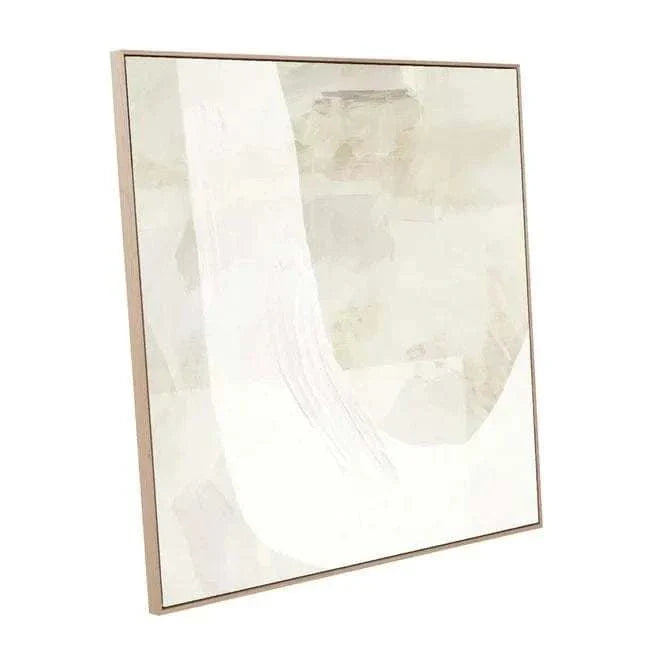 Hand-painted abstract wall art on Indian cotton canvas with natural Victorian Ash timber frame, featuring soft neutral tones and textured brush strokes.