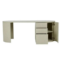 GlobeWest Benjamin Ripple Grand desk in putty ash veneer with rounded oval top, three drawers, and one cupboard for storage