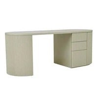Putty-colored GlobeWest Benjamin Ripple Grand desk with rounded oval shape, ash veneer, three drawers, and one cupboard for office storage.