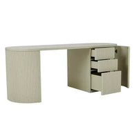 GlobeWest Benjamin Ripple Grand desk in putty ash veneer with rounded oval shape, three drawers, and a cupboard for storage