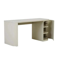 GlobeWest Orson Round Desk in putty with ash veneer, rounded edges, two drawers, and cabinet storage shelves.