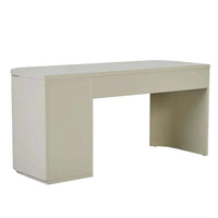 GlobeWest Orson Round Desk in putty color with ash veneer, two drawers, and rounded front design