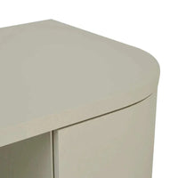 Putty colored GlobeWest Orson Round Desk with rounded edges and smooth ash veneer finish