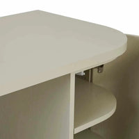 Close-up of the putty-colored GlobeWest Orson Round Desk corner with rounded edges and ash veneer finish
