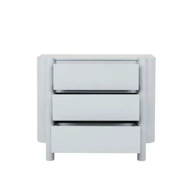 GlobeWest Artie Dresser in powder blue with three drawers and rounded case front design