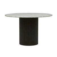 Benjamin Ripple Marble Dining Table with white Carrara marble top and rippled black timber base, seating up to 4.