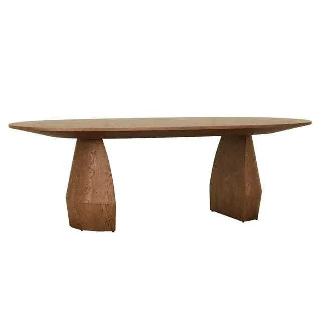 GlobeWest Bloom Oval Dining Table in smoked ash with oval top and bold symmetrical base made of ash veneer.