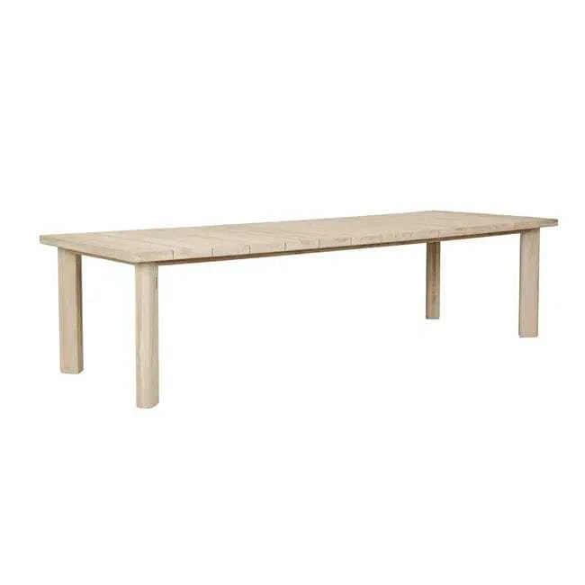 GlobeWest Montana Raft Dining Table in aged teak wood with slatted top and solid legs for outdoor dining