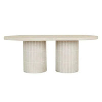 GlobeWest Seville Tile oval dining table in pearl white with tiled cylindrical base and matte-glazed concrete top