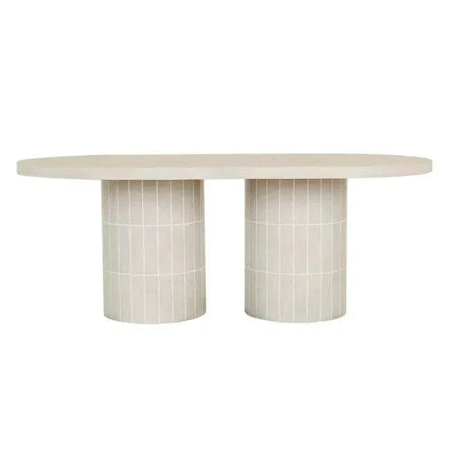 GlobeWest Seville Tile oval dining table in pearl white with tiled cylindrical base and matte-glazed concrete top