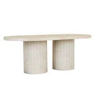 GlobeWest Seville Tile oval dining table in pearl white with glazed concrete top and tiled cylindrical base