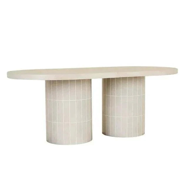 GlobeWest Seville Tile oval dining table in pearl white with glazed concrete top and tiled cylindrical base