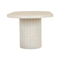 GlobeWest Seville Tile oval dining table in pearl white with tiled cylindrical base and matte-glazed concrete top