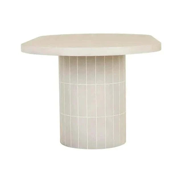 GlobeWest Seville Tile oval dining table in pearl white with tiled cylindrical base and matte-glazed concrete top