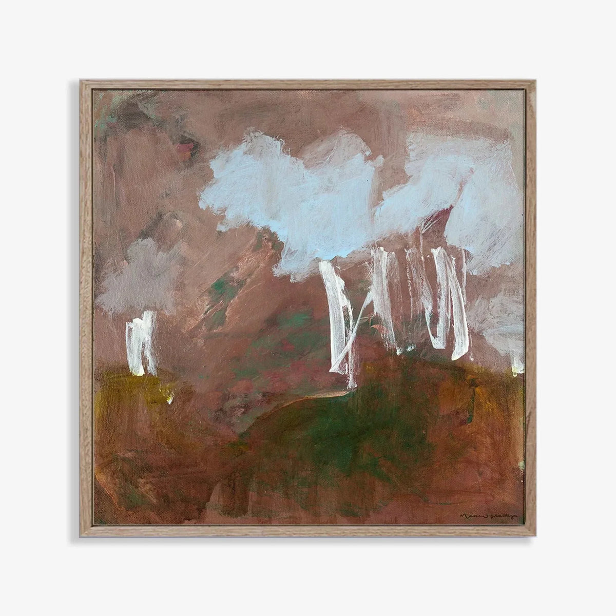 Abstract landscape canvas print by Marcia Priestley in earthy reds and browns with white and blue accents in a floating oak frame