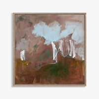 Abstract landscape canvas print by Marcia Priestley in earthy reds and browns with white and blue accents in a floating oak frame