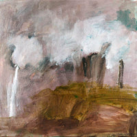 Abstract landscape painting by Marcia Priestley in earthy tones with expressive brushstrokes and textured layering