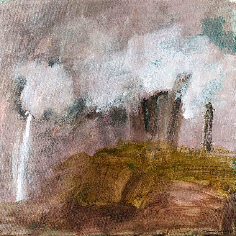 Abstract landscape painting by Marcia Priestley in earthy tones with expressive brushstrokes and textured layering