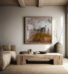 Marcia Priestley limited edition abstract landscape canvas print Dadirri 3 in floating oak frame displayed in minimalist living room