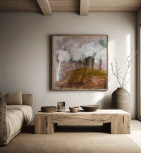 Marcia Priestley limited edition abstract landscape canvas print Dadirri 3 in floating oak frame displayed in minimalist living room
