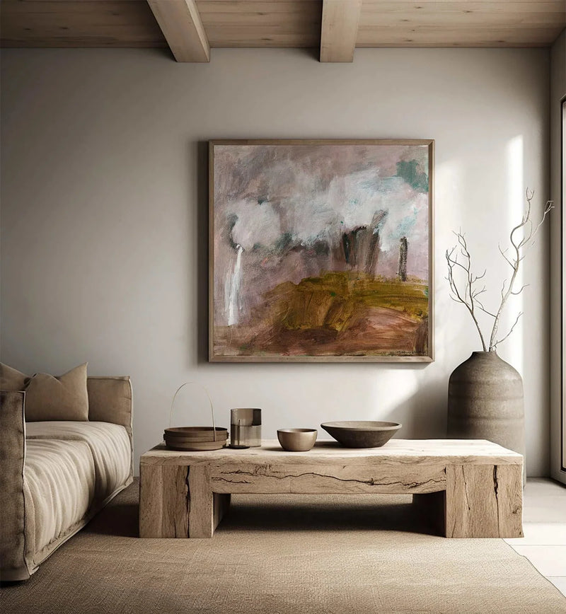 Marcia Priestley limited edition abstract landscape canvas print Dadirri 3 in floating oak frame displayed in minimalist living room