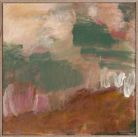 Abstract landscape canvas print by Marcia Priestley featuring earthy reds, greens, and browns with gestural brushstrokes in a floating oak frame.