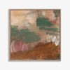 Abstract landscape fine art canvas print by Marcia Priestley titled Dadirri 4, featuring earthy reds, greens, and browns with a floating natural oak frame.