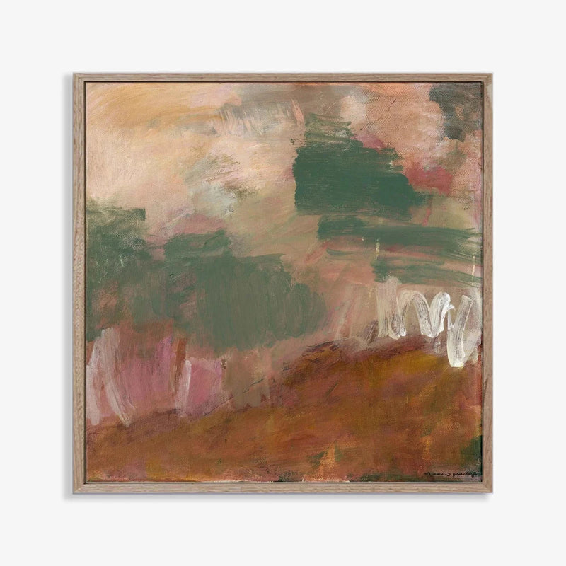 Abstract landscape fine art canvas print by Marcia Priestley titled Dadirri 4, featuring earthy reds, greens, and browns with a floating natural oak frame.