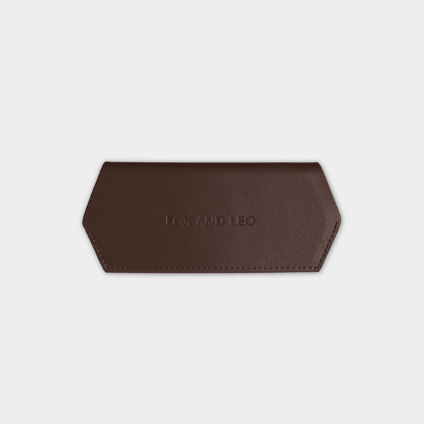 Fox and Leo slim 100% leather chocolate glasses case with magnetic closure and protective microfiber lining.