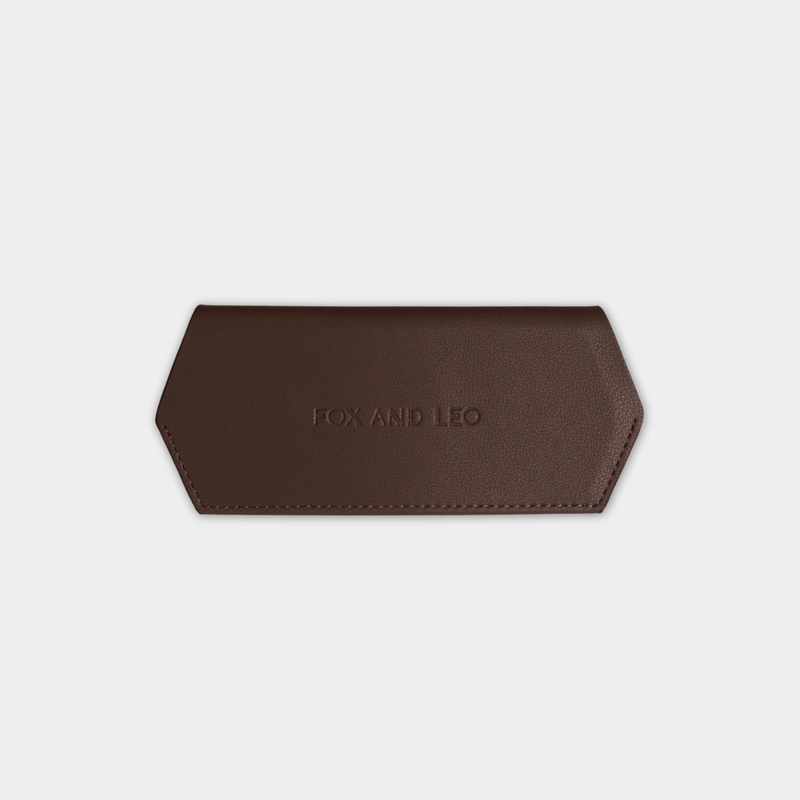 Fox and Leo slim 100% leather chocolate glasses case with magnetic closure and protective microfiber lining.