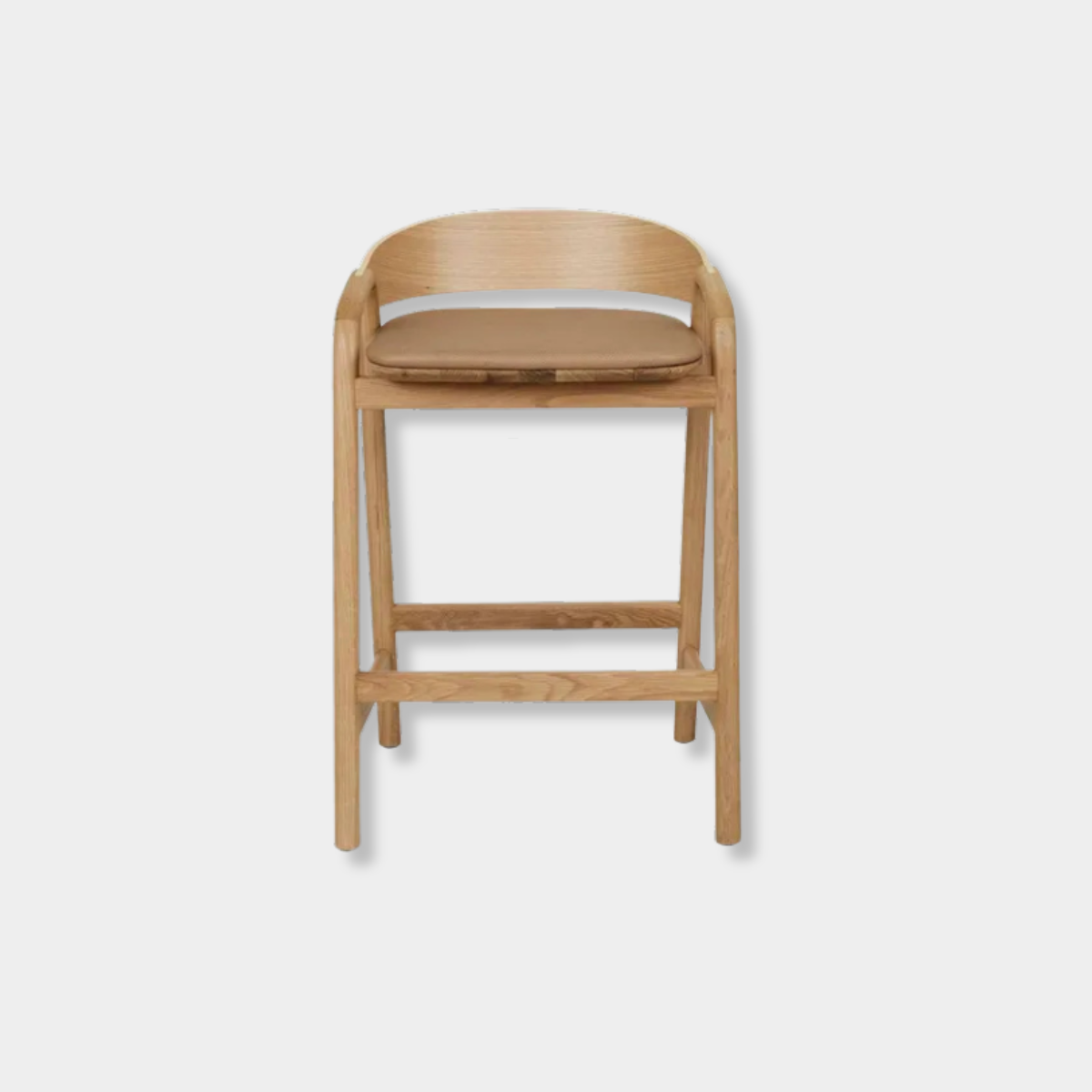 GlobeWest Tolv Inlay Barstool in pecan leather with light oak frame and low back design