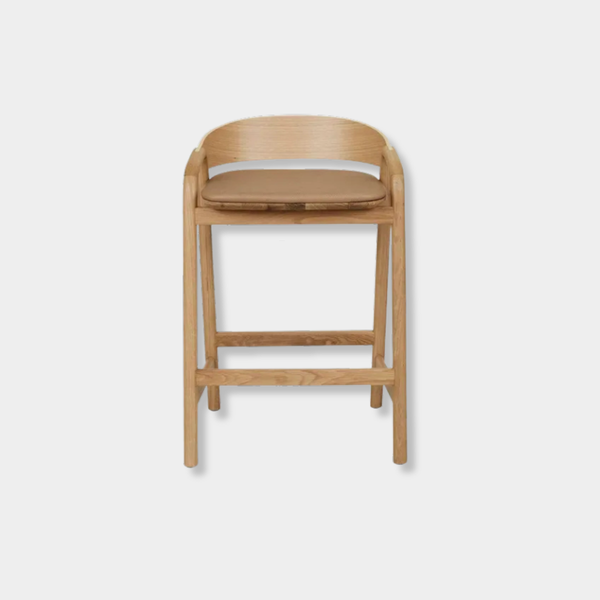 GlobeWest Tolv Inlay Barstool in pecan leather with light oak frame and low back design