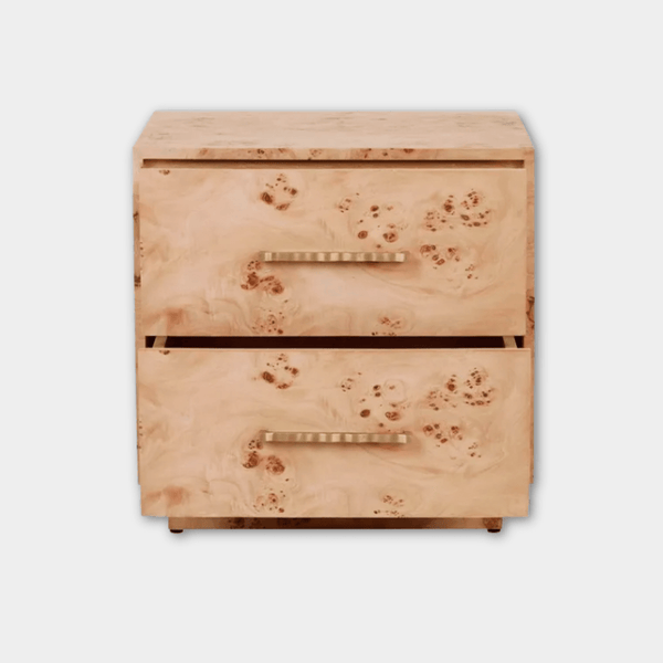 Trove Burl Bedside Table with light burl veneer, two drawers, and gold-tone brass handles in mid-century modern style.