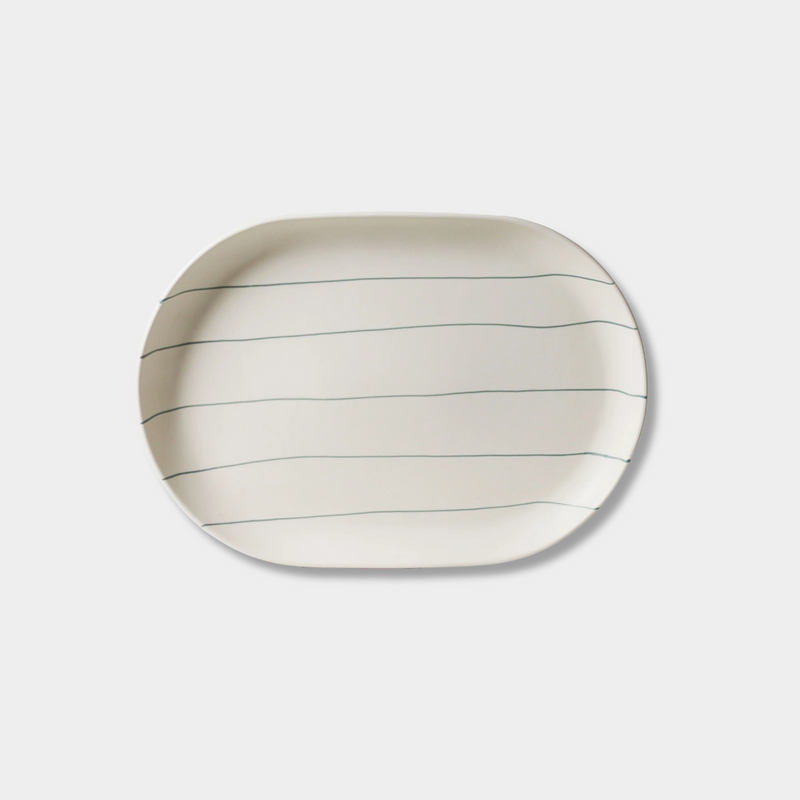 Robert Gordon Coastal Junction 38cm cream oval tray with green stripe hand-painted stoneware