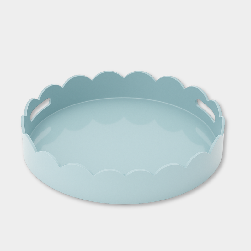 norsu Studio Round Scalloped Tray in duck egg blue with high-gloss lacquer finish and scalloped edges, 45 cm diameter