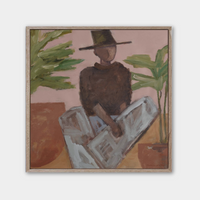 Limited edition Marcia Priestley fine art canvas print titled Traveller 1 with a floating oak frame, featuring an abstract figure wearing a hat surrounded by plants.