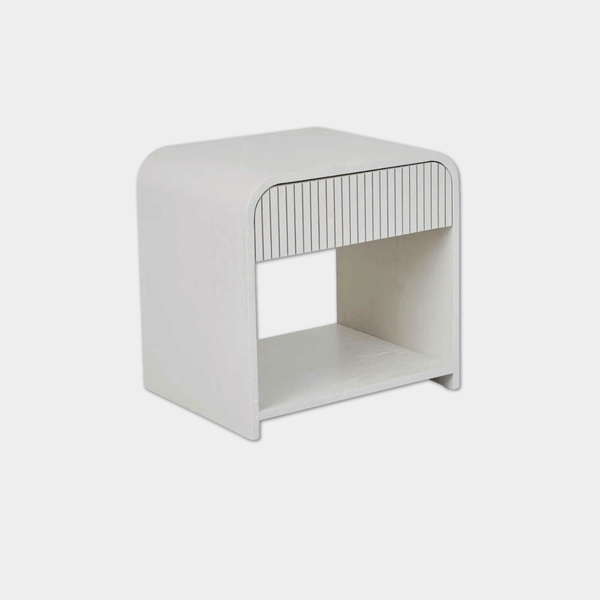 Globe Chloe Bedside in bone ash veneer with curved case, slatted drawer, and open shelf storage